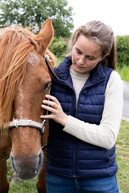 Une femme en gilet bleu et pull beige fait une séance de shiatsu au niveau de la tête d’un cheval brun portant un licol, dans un cadre extérieur verdoyant.