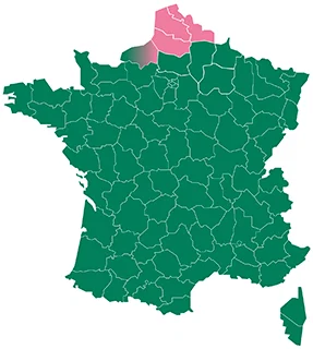 Carte de la France avec les départements en vert et une zone en rose dans le nord, représentant les secteurs de déplacement.